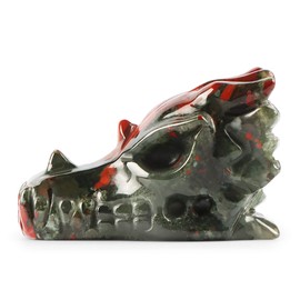 SMQ 2" Crystal Dragon Head Skull Statue Hand Carved Africa Bloodstone Gemstone Realistic Dragon Animal Carvings Figurines Feng Shui Sculpture Reiki Healing Stones