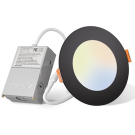 Amico 1 Pack 4 Inch 5CCT LED Recessed Slim Pot Light with Junction Box, 2700K/3000K/3500K/4000K/5000K Selectable, 11W Eqv 70W 800LM, Dimmable IC-Rated Ceiling Lighting, ETL&FCC, Black