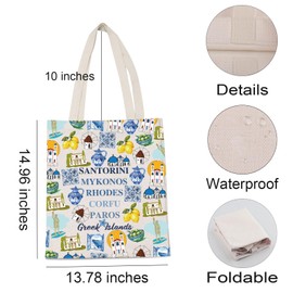 LEVLO Greek Islands Canvas Tote Bag Greece Souvenir Gift Santorini Mykonos Rhodes Corfu Paros Travel Shopping Bag, Santorini, Medium