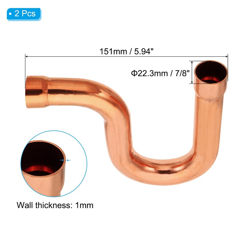 PATIKIL 7/8 Inch ID P-Trap Copper Pipe Fittings, 2 Pcs