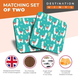 Great Coasters (Set of 2) Square/Glossy Quality Coasters/Tabletop Protection for Any Table Type - No Drama Llama Green Alpaca Print #16762