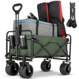 EVLIQUIL Collapsible Foldable Beach Wagon,Folding Wagon Cart with Big Wheels,Utility Grocery All Terrain Wagons carts Foldable with Brakes for Sand Camping Sports Outdoor(Light Green).