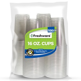 Freshware Plastic Cups [16 oz, 100-PCS] - Disposable Cold Drink Party Soda Cups, Crystal Clear PET Cups
