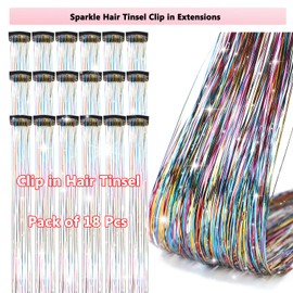 Obinying Clip in Hair Tinsel Pack of 18 Pcs Hair Tinsel Clip in 20.5 Inch Glitter Tinsel Hair Extensions Fairy Hair Tinsel Kit Clip in Party Festival Hair Accessories for Girls Women Kids (Rainbow)