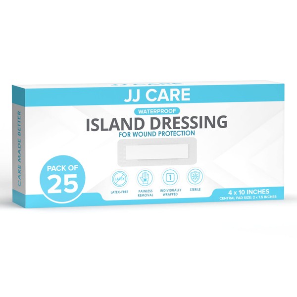 JJ CARE Waterproof Adhesive Island Dressing [Pack of 25], 4" x 10" Sterile Island Wound Dressing, Breathable Bordered Gauze Dressing, Individually Wrapped Latex Free Bandages, Non-Stick Central Pad