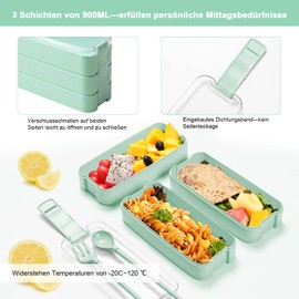 LLGGLEU 3-Lagen Brotdose Bento-Box, 3-in-1 Meal prep Boxen mit Gabel und Löffel, 900 ml Lunchbox mit Fächern für Erwachsene Kinder Brotbüchse zum Schule Arbeit Picknick Reisen (grün)