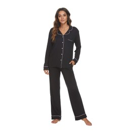 HEARTNICE Womens Pajama Set, Soft Long Sleeve Pajamas & Long Pants with Pockets, Warm Button-up Sleepwear Lightweight Lounge Pjs(Black-L, S)