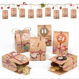 Luckboat 24Pcs Christmas Candies Treats Boxes, Xmas Kraft paper Candy Boxes Christmas Party Treat Cookie Goodie Snack Gift, Christmas Cookie Boxes for Gingerbread Goodie Snacks with tags