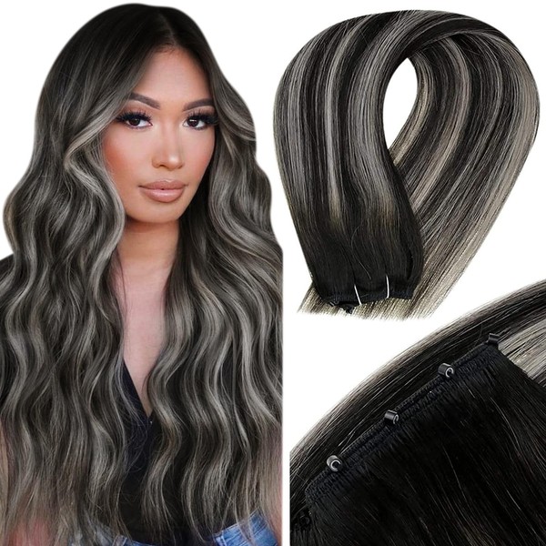 LaaVoo Beaded Weft Hair Extensions Real Human Hair Ombre Black to Silver Grey Micro Beads Weft Human Hair Extensions Balayage Sew in Weft Hair Extensions 50g 22 Inch