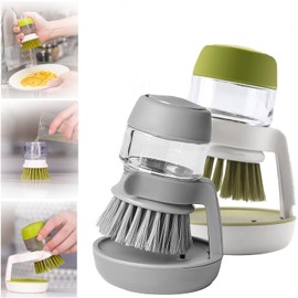 2 PCS Multifunctional Press Cleaning Brush, Kitchen Cleaning Brush with Soap Dispenser, 3 in 1 Multifunctional Cleaning Brush, Round Dish Brush with Stand for Dishwasher Sink Cleaning