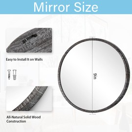 JJUUYOU Rustic Round Mirror, Hanging Wall Decorative Small Mirror Natural Wooden Farmhouse Frame with White Wash Edge for Bedroom, Bathroom or Dorm 23CM