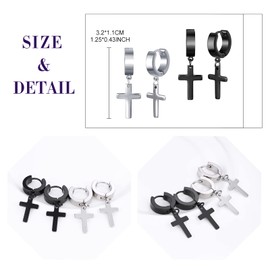 Feilok 2 Pairs Stainless Steel Cross Huggie Hoop Mens Stud Earrings Set Piecing Jewellery for Women Men silver black