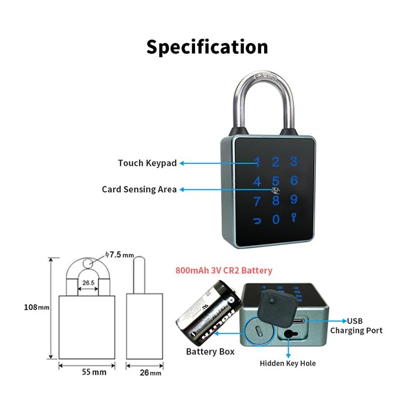 Fahgaer TTLock Password Bluetooth Padlock Touch Screen RFID IC Card