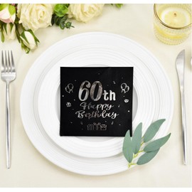 Black & Silver 60th Birthday Napkins, Disposable Party Supplies - Cocktail Napkins for Men & Women's 60th Birthday Decorations