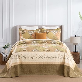 SahSahCasa 100% Cotton 128"x120" Oversized California King XL Bedspread Coverlet Quilt Set, Cal King Quilted Bedspread Extra Large Quilt, Floral Bed Spread Lightweight Comforter, Beige/Green/Brown