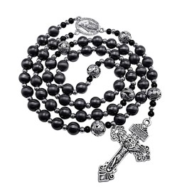 Nazareth Store Pardon Hematite Men Rosary Black Beads Stainless Knotted Necklace Miraculous Medal & Our Father Cross