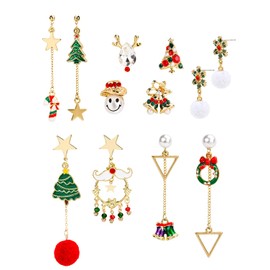 ABONDEVER 6 Pairs 925 Silver Enamel Christmas Earring for Women Xmas Tree Crystal Diamond Snowflakes Jingle Bells Pom Pom Asymmetrical Tassel Drop Dangle Earrings Shining Christmas Deer Stud Earrings