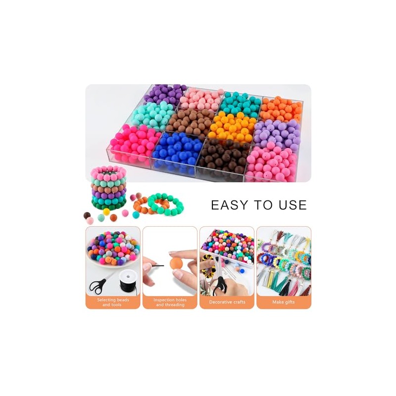 Kovict 200pcs Silicone Beads, 12mm Silicone Beads for Keychain Making,