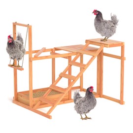 Chicken Activity Play, Multiple Chicken Perches with Swing Toy, Wooden Chicken Coop Accessory with Ladder & Platforms & Food Storage Outdoor Birds Toy for Entertainment Backyard Poultry