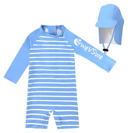 weVSwe Toddler Boy Bathing Suit Uv Protection One Piece Rash Guard Infant Boy Swimsuit Adjustable Uv Hat Light Blue Stripe Newborn 0-6 Months