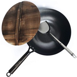Souped Up Recipes 12.5 Inch Carbon Steel Wok For Electric, Induction and Gas Stoves (Lid, Spatula and User Guide Video Included)