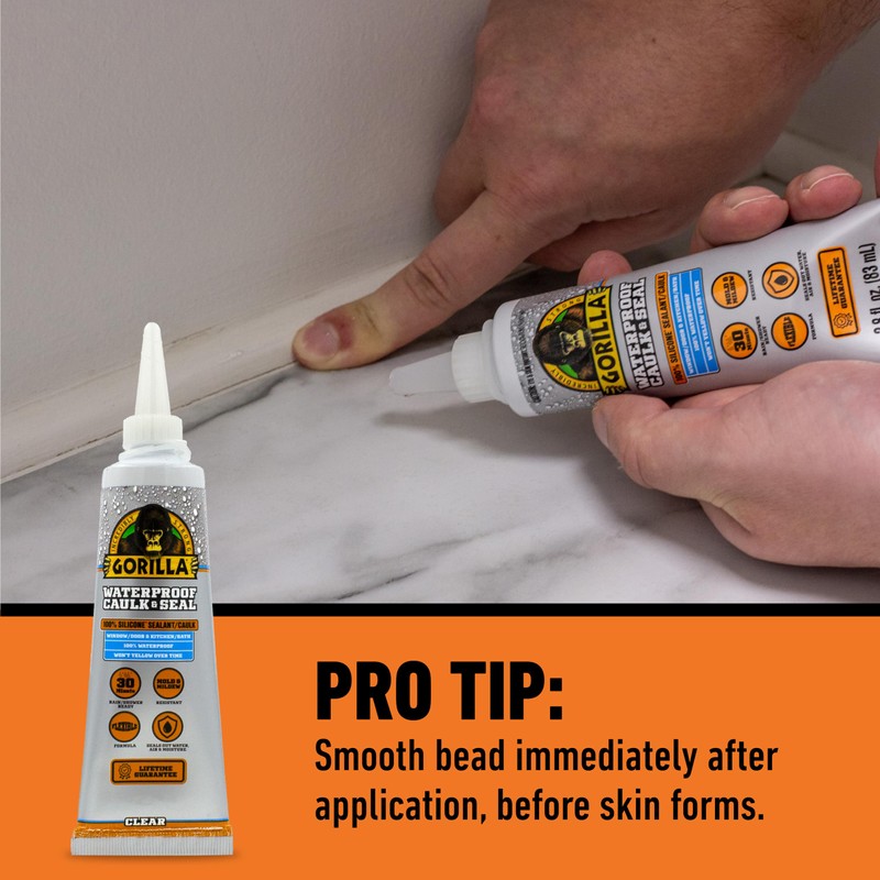 Gorilla Waterproof Caulk & Seal Silicone Sealant, 2.8oz Squeeze Tube