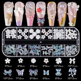 Homiliky 3D Nail Art Charms Collection - AB Rhinestones, Flat Back Gems, Pearl & Butterfly Charms for DIY Nail Art | Includes Rhinestone Picker Tool