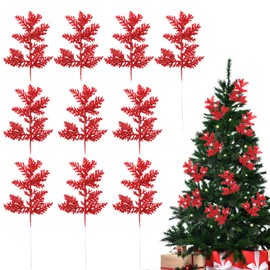 MOTONG 10 PCS Glitter Artificial Christmas Tree Pine Leaves, Artificial Christmas Leaves Picks, Artificial Pine Needles Simulated Tree Branch for Xmas Tree Wreath Seasonal Decoration (Red)