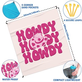 Xmsaitar Pink Cowgirl Howdy Pocket Picnic Blankets, Preppy Western Mini Beach Camping Blanket Waterproof Sandproof, Trendy RV Outdoor Blanket Mat Gifts for Cowgirls Camper Campsite Dorm Travel 55x60in
