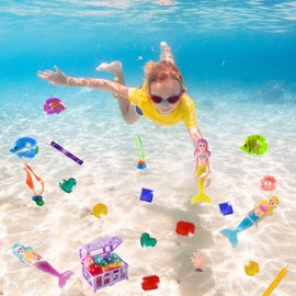 AMZFAVOR Diving Pool Toys for Kids Ages 4-12, 27 Pcs Mermaid Pool Toys with Gem Pirate Treasure and Chestand Storage Bag, Swimming Training Game Toy Summer Beach Party Gifts for Boys Girls Toddlers