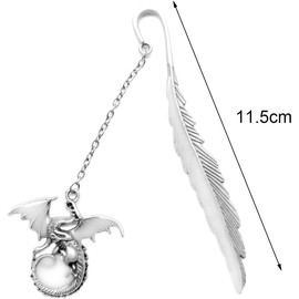 Kuskins Vintage Feather Dragon Metal Bookmark, 3D Antique Silver with Glow in The Dark, Fantasy Bookmark Gift for Women & Men, Book Lovers Accessories, Silver