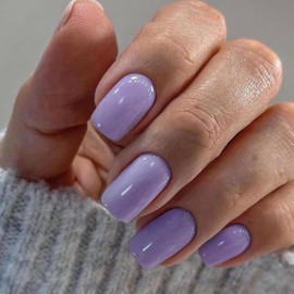 Lilac Nails Press ons, Press on Nails Medium Square Glue on Nails Medium Length, Short Acrylic Nails Glue on Medium Coffin Nails Fake Nails False Nails for Women, Thick Solid Color Gel Nails 24Pcs