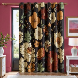 jinchan Lora Floral Curtain for Living Room Blackout Drape for Sliding Door Extra Wide Room Darkening Textured Fabric Vintage Flower Patterned Patio Door Curtain Grommet 1 Panel W100xL84 Inches Black