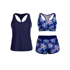 Yonique - Traje de baño deportivo tankini de 3 piezas para mujer con pantalones cortos, camisetas sin mangas con brasier deportivo y pantalones cortos, Azul Floral, X-Large
