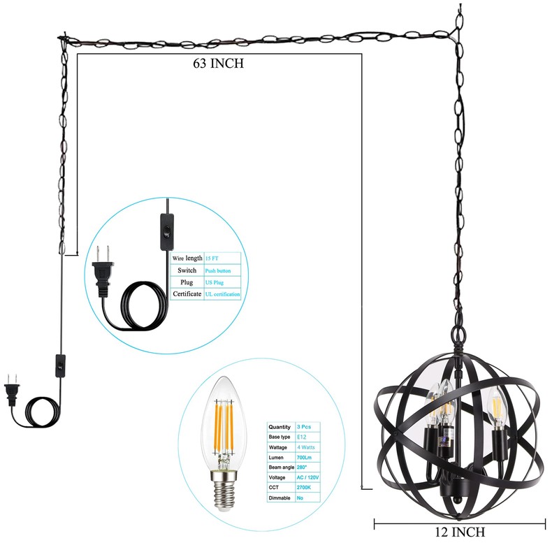 ANYONGLU 3 Light Chandelier Plug in Pendant Hanging Light Globe