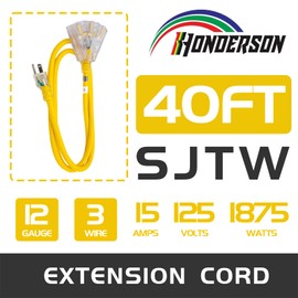 HONDERSON 40 FT Lighted Outdoor Extension Cord with 3 Power Outlets,12/3 SJTW Heavy Duty Yellow Extension Cable with 3 Prong Grounded Plug for Safety,UL Listed