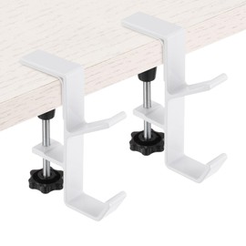 PATIKIL 2Pcs Purse Hook for Table, Double Hooks Adjustable Clamp-on Purse Hanger for Desk Portable Nail Free Heavy Duty Under Desk Handbag Holder Backpack Headphone Small Hook, White