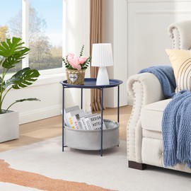 VECELO Round Side/End Table with Fabric Storage Basket，Metal Anti-Rust and Waterproof Small Bedside Nightstand with Removable Tray Top for Living Room，Balcony & Laundry，Blue /2pcs with Basket