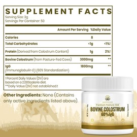 Kroppssund Bovine Colostrum Powder Supplement 3000 mg - Extra High 60% IgG Bovine Colostrum - Gut, Bone, Exercise, Immune - 50 Servings (1 Bottle)