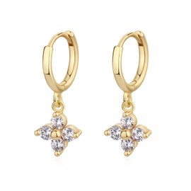 Gold Mini Dangle Huggie Earrings for Women, Dainty 14K Gold Plated Cubic Zirconia Small Hoop Earrings with Charm Drop, Jewelry Gift for Women Ladies (Small Flower CZ)