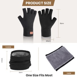2 PCS Winter Warm Scarf and Glove Set, Winter Velvet Neck Scarf for Men with Half Finger Warm Knitted Gloves, Neck Warmer for Women Adult Thickened Thermal Knitted Gloves Winter Accessories Set, Black