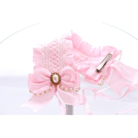 C-04-3 Pink Maid Lolita Headband with Bow Pearl Necklace Gothic Hair Accessories Headband