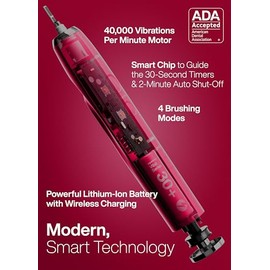 Aquasonic Vibe Series Ultra-Whitening Toothbrush – ADA Accepted Electric Toothbrush - 8 Brush Heads & Travel Case – 40,000 VPM Motor & Wireless Charging - 4 Modes w Smart Timer – Ruby