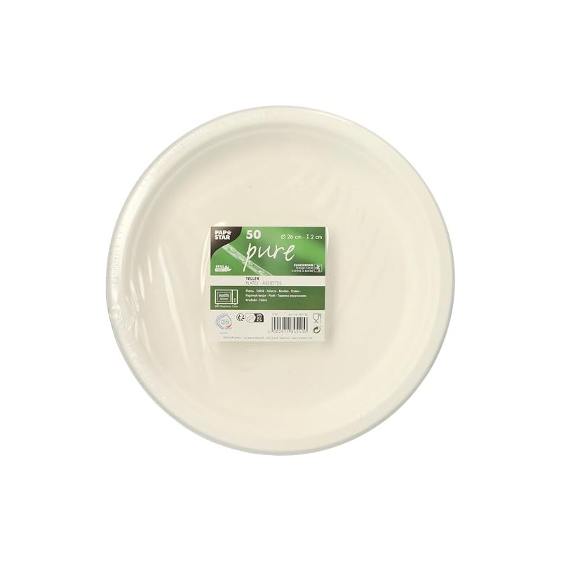 PAPSTAR 50 Plates, Sugar Cane Pure Undivided Diameter 26 cm
