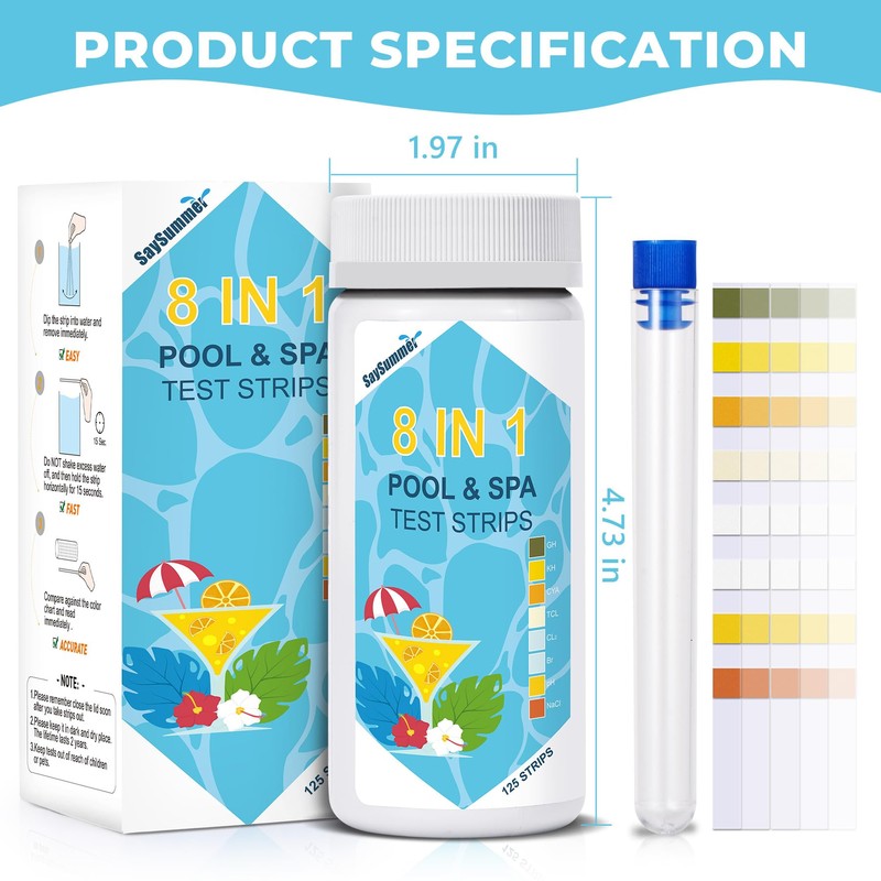 SaySummer Salt-Water Pool Test Strips Kit: 125 Counts 8-in-1 Salt