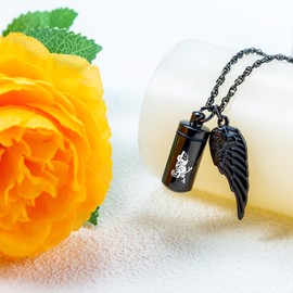 Cylinder Urn Necklace for Ashes Memorial Ashes Necklace with Angel Wing Motorcycle Biker Memorial Urn Pendant Ash Keepsake Cremation Jewelry (Black)