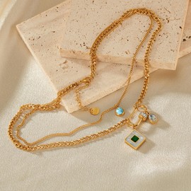 HETICA Gold Mother of Pearl Pendant Women Necklace, Double Layers Turquoise Cubic Zirconia Necklace Stainless Steel Delicate Fashionable Collar Chain Gift