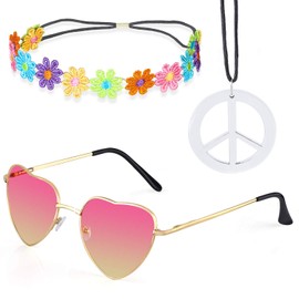 Beelittle Hippie Costume Set - 60's Style Retro Vintage Glasses Peace Sign Necklace Sunflower Crown Hair Band 60s Hippie Dressing Accessory Set (D)