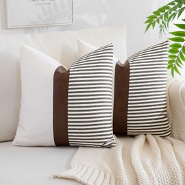 OTOSTAR Set of 2 Farmhouse Decor Stripe Patchwork Linen Throw Pillow Covers 18x18 Inch, Modern Boho Tan Faux Leather Accent Pillow Covers for Couch Chair Bedroom Fall Decorations, Dark Grey