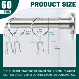 Dpyrrhic Silver 60Pcs Metal Curtain Rings and 60 Pcs Curtain Drapery Pin Hooks,Curtain Hooks for Drapes,32mm Internal Diameter for Window, Shower Curtain